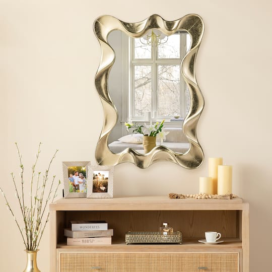Glitzhome® 34.25" Modern Gold Foil Metal Frame Wavy Wall Mirror